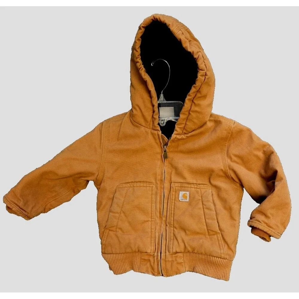 Carhartt Canvas Jacket Kids Sz 2T‎ Brown Quilted Lined Full Zip Hooded